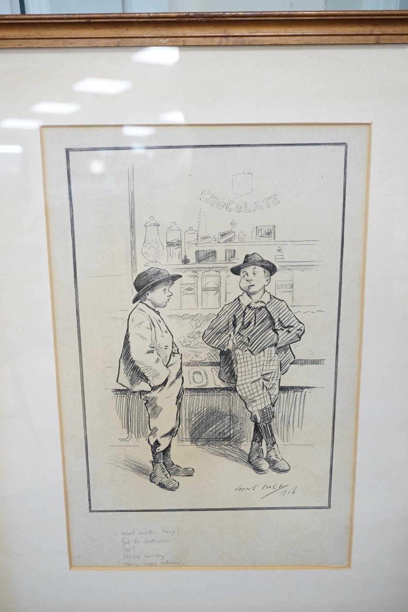 Three 20th century monochrome cartoons and caricatures, to include one by Kevin Kallaugher (Kal, b.1955), ‘Public opinion', signed and dated '86, one by Charles Ince 'Toothache', signed and dated 1906, largest 38 x 24cm.